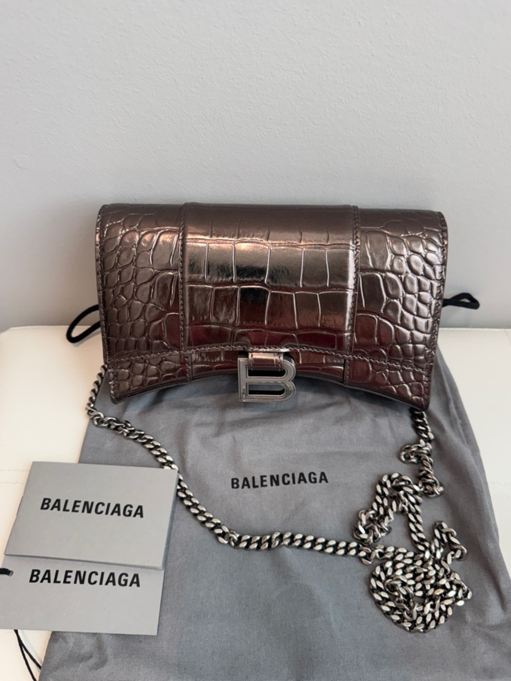 Balenciaga Metallic Bronze Croc-Embossed B Chain Crossbody